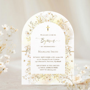 Baptism watercolor white yellow flowers invitation