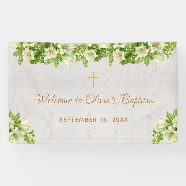 Baptism Welcome Floral White Lilies Marble  Script Banner (Horizontal)