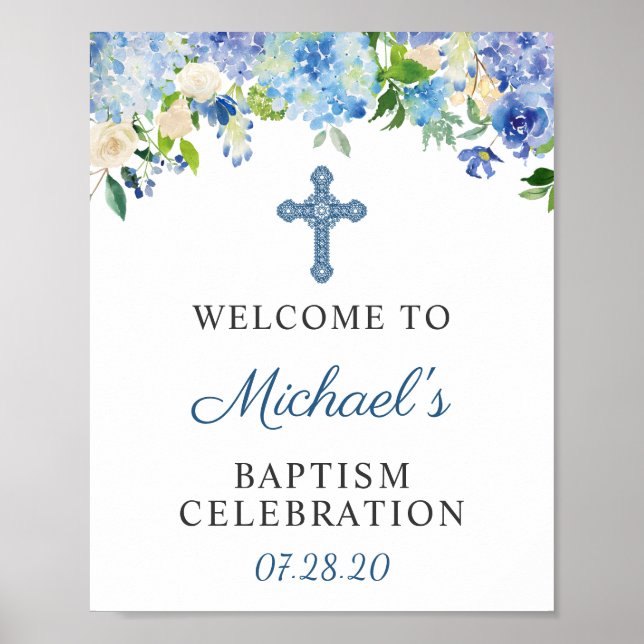 Baptism Welcome Sign Blue Hydrangea Floral (Front)