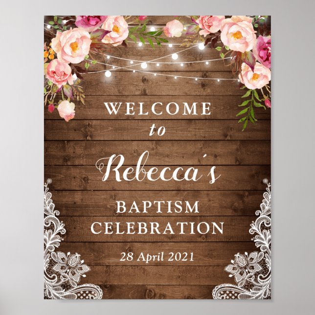 Baptism Welcome Sign Rustic Floral String Lights (Front)
