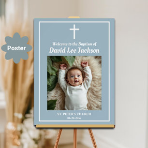 Baptism White Cross Dusty Blue 1 Photo Welcome Poster