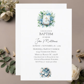 Baptism White Floral Cross and Bible Boys Invitation