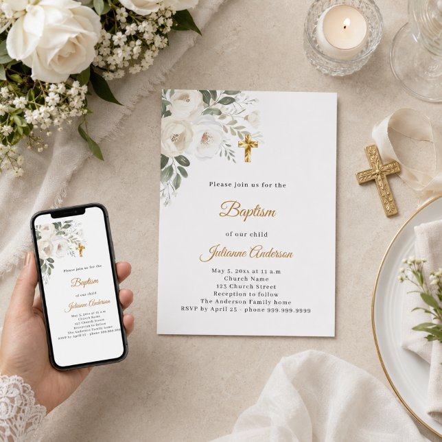 Baptism white florals gold cross neutral invitation (Creator Uploaded)