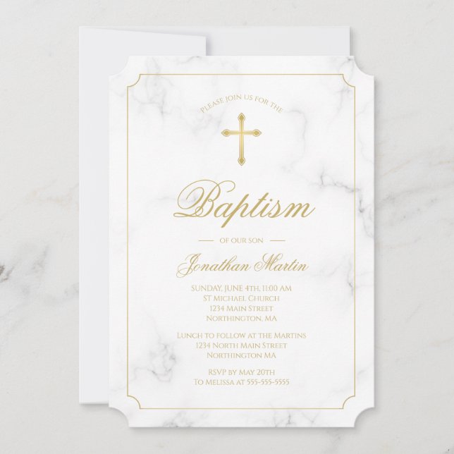 Baptism White Marble Gold Cross Script Boy Photo Invitation (Front)