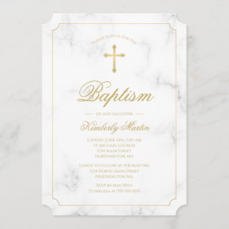 Baptism White Marble Gold Cross Script Photo Invitation