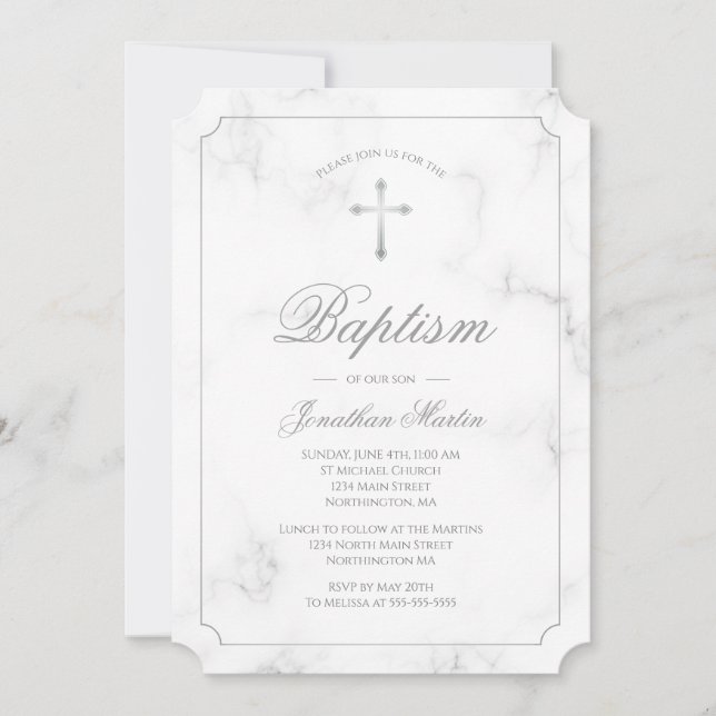 Baptism White Marble Silver Cross Script Boy Photo Invitation (Front)