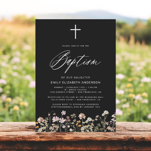 Baptism Wildflower Black Script Invitation