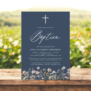 Baptism Wildflower Navy Blue Script Invitation