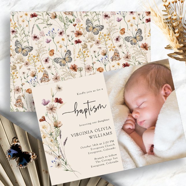Baptism Wildflower Photo Invitation (Baptism Boho Wildflower Photo Invitation by Painted Paperie
)