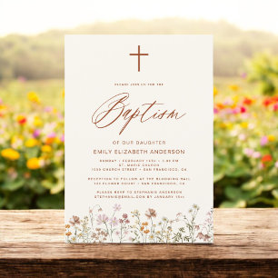 Baptism Wildflower Script Neutral Beige Invitation