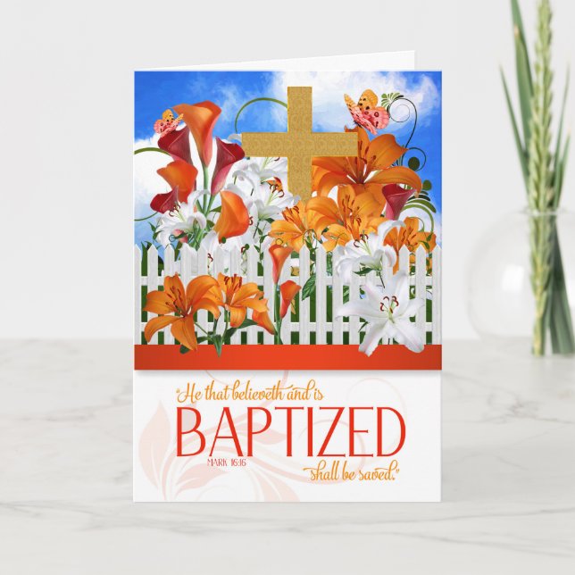 Baptism Wishes Mark 16 Bible Scripture with Cross Card (Front)
