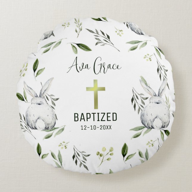 Baptism with Cross, Bunny  Round Cushion (Front)