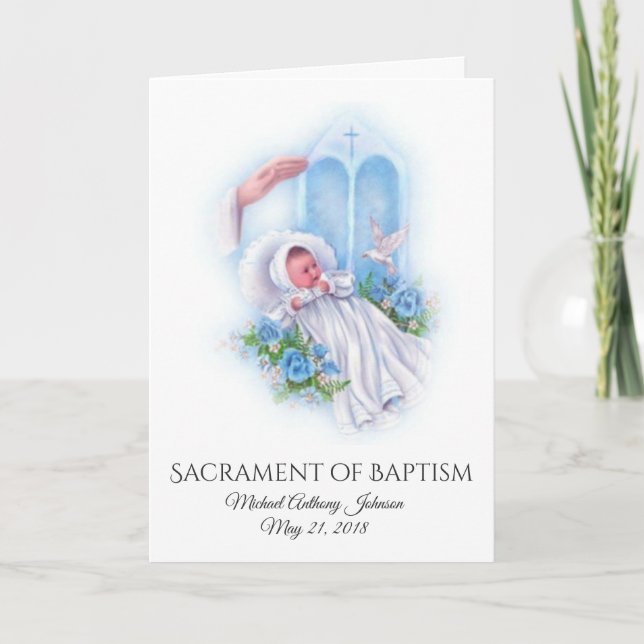 Baptismal Baby Boy Blue Flowers Invitation Card (Front)