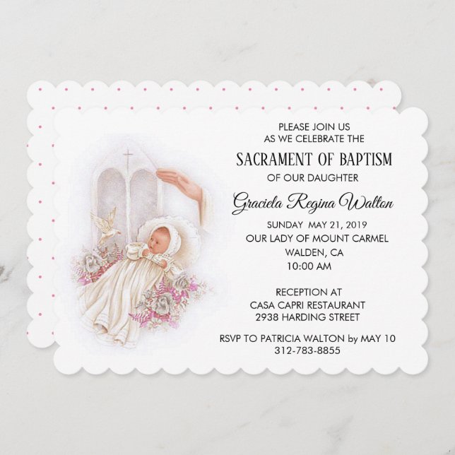 Baptismal Baby Girl Pink Flowers Invitation (Front/Back)