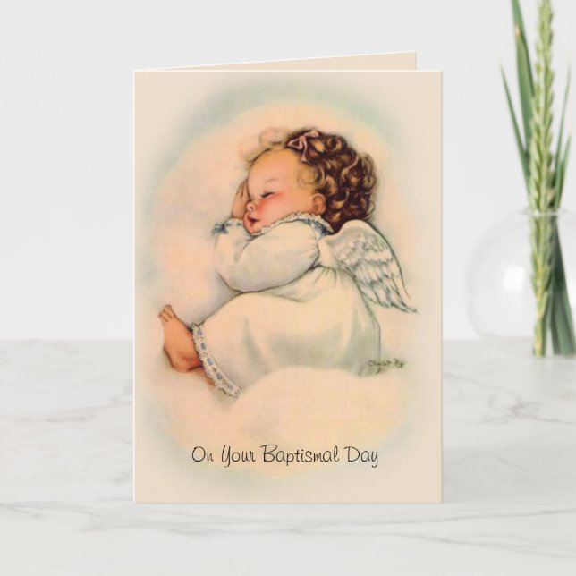 Baptismal Blessing Vintage Baby Girl Angel Card (Front)