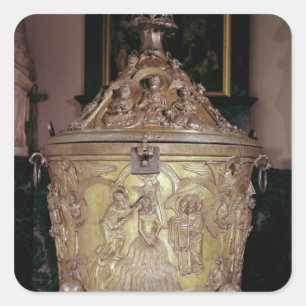 Baptismal font showing square sticker
