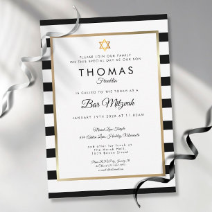 Bar, Bat Mitzvah Classic Black White Stripe Gold  Invitation