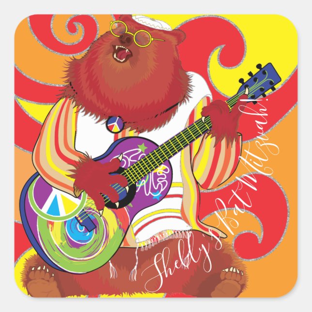Bar Bat Mitzvah Hippie Singing Bear Square Sticker (Front)