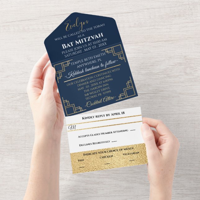 Bar Bat Mitzvah Navy Art Deco  All In One Invitation (Tearaway)