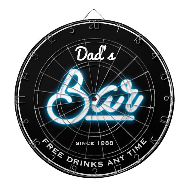 Bar Dad's Any Name Blue Neon Effect Funny Slogan   Dartboard (Front)
