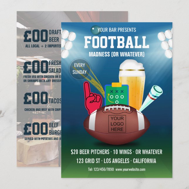 Bar Football Event Promo Menu add photo and logo Invitation (Front/Back)