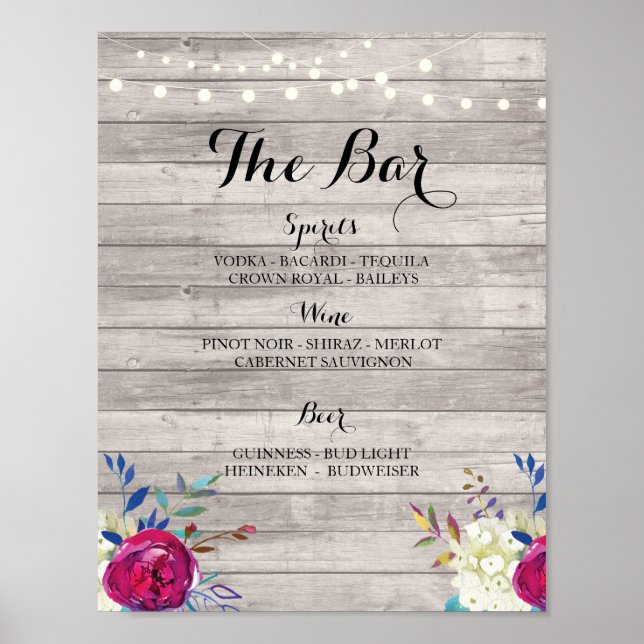 Bar Grey Wood Pink Floral Sign Wedding Reception (Front)