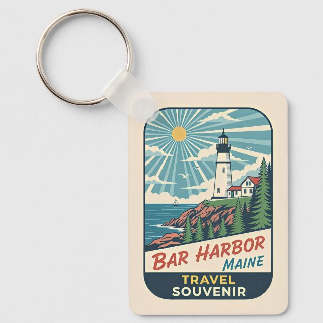Bar Harbor, Maine Retro Lighthouse 1950s Key Ring (Front)