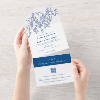 Bar Harbour Elegant Navy QR Wedding All In One Invitation