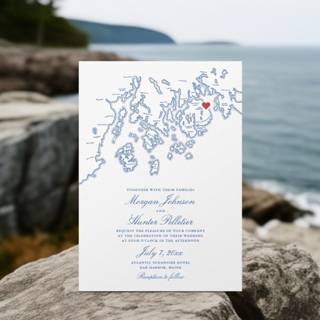 Bar Harbour Maine Map Elegant Navy Wedding Invitation (Bar Harbor Maine Map Wedding Invitation in elegant navy blue by Penobscot Bay Shop)