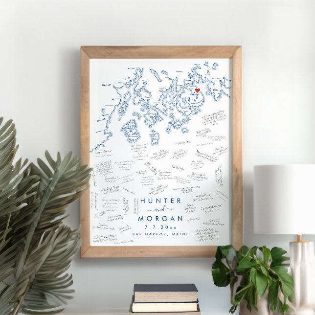 Bar Harbour Maine Wedding Modern Guest Book Poster (Bar Harbor Maine Map Wedding Alternative Guest Book Poster in Modern Navy Blue )
