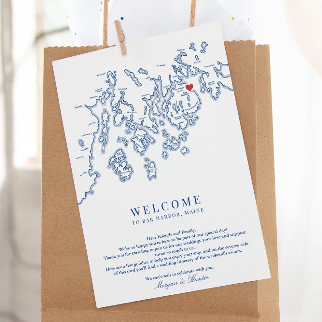 Bar Harbour Maine Wedding Welcome Itinerary Thank You Card (Welcome to Bar Harbor Maine letter with room for weekend events itinerary on the back)