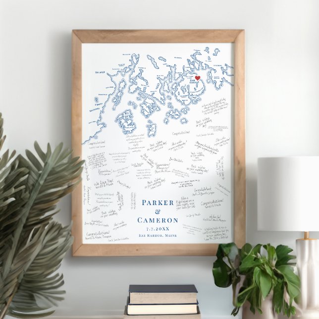 Bar Harbour ME Wedding Elegant Guest Book Poster (Bar Harbor Maine Map Wedding Alternative Guest Book Poster in Elegant Navy Blue from Coastal Map Des)
