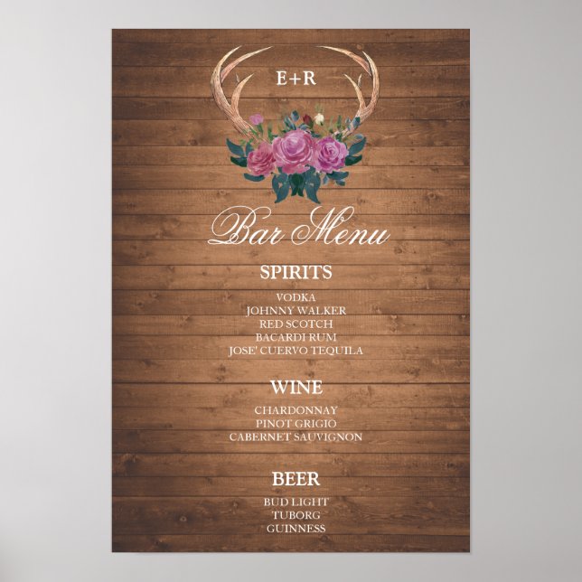BAR MENU  big sign | Deer antler | wedding bar (Front)