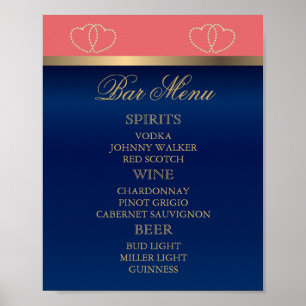 Bar Menu - Coral and Navy Blue with Gold Hearts Poster