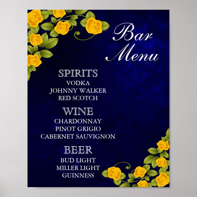 Bar Menu - Dark Blue and Marigold YellowFlower Poster (Front)