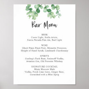 Bar Menu Eucalyptus Wedding Botanical Greenery Poster