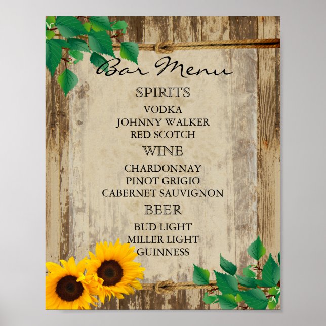 Bar Menu for A Wedding - Sunflower Poster (Front)