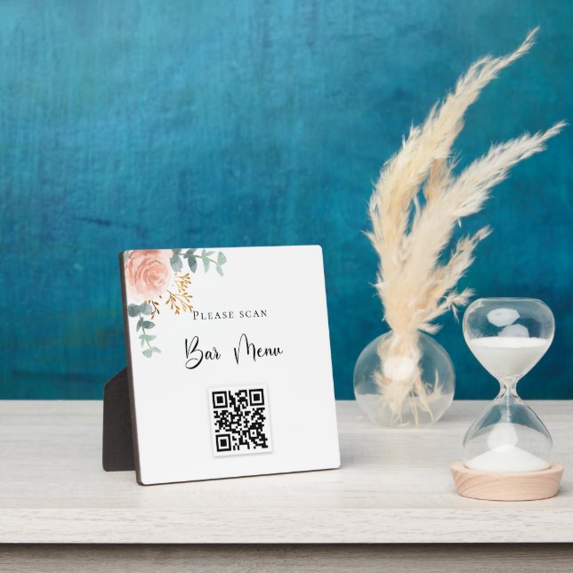Bar menu QR code blush floral greenery Plaque (Insitu)