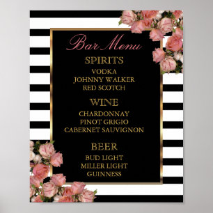 Bar Menu - Rose Gold and Stripe Wedding Poster