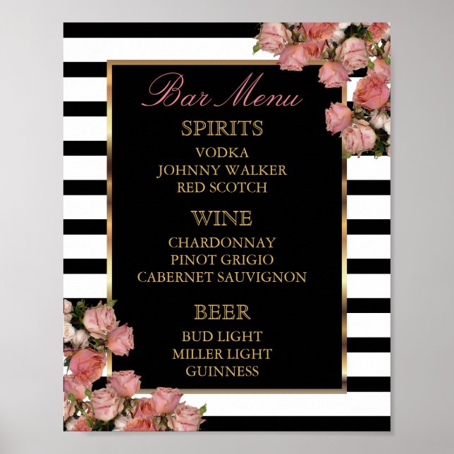 Bar Menu -  Rose Gold and Stripe Wedding Poster (Front)