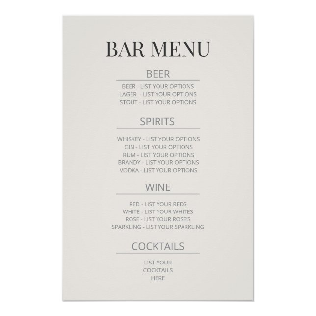  ‘Bar Menu’ Wedding Sign | Warm Ivory (Front)