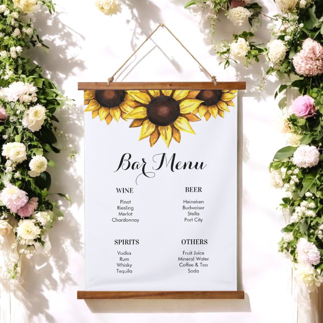 Bar Menu Wedding Sunflower Yellow White Hanging Tapestry (Creator Uploaded)