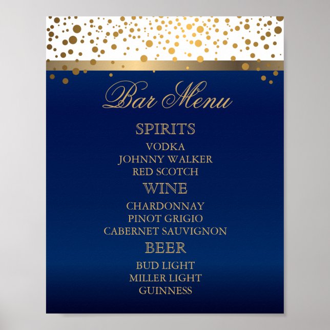 Bar Menu - White and Navy Blue with Gold Confetti Poster (Front)