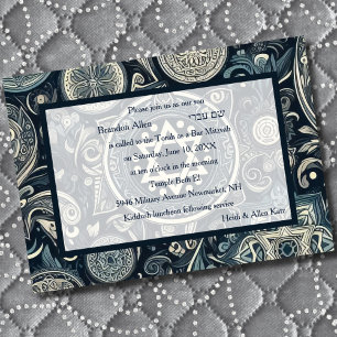Bar Mitzvah Abstract Background Design Blue White Invitation