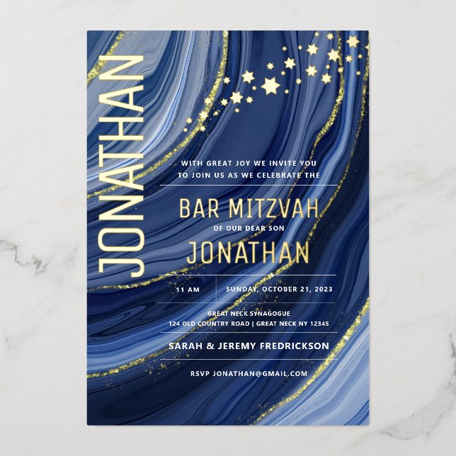 Bar Mitzvah Agate Marble REAL GOLD Foil Invitation (Front)