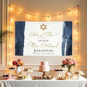 Bar Mitzvah Banner Navy Blue Watercolor Abstract