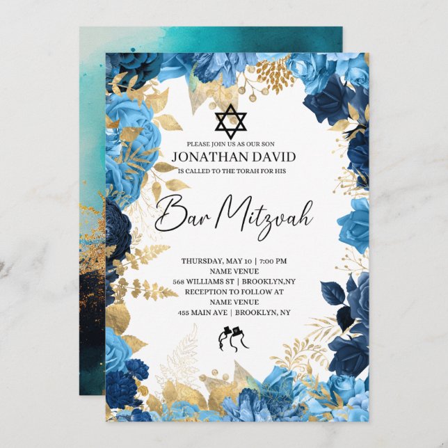 Bar Mitzvah\Bat Mitzvah,Birthday,Blue Gold Star Invitation (Front/Back)