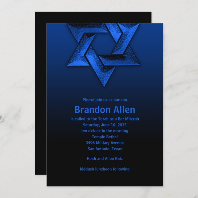 Bar Mitzvah Black and Blue Star of David Invitation (Front/Back)