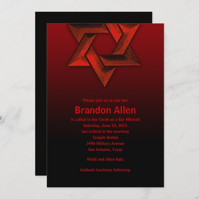 Bar Mitzvah Black and Red Star of David Invitation (Front/Back)