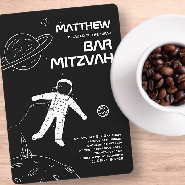 Bar Mitzvah Black and White Modern Astronaut Invitation (Creator Uploaded)